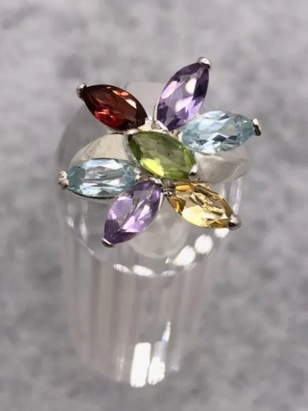 Colorful Sterling silver multicolor stone flower ring   6.5 - 7